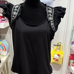 Marc New York Black Ruffled Blouse with Embroidered Straps